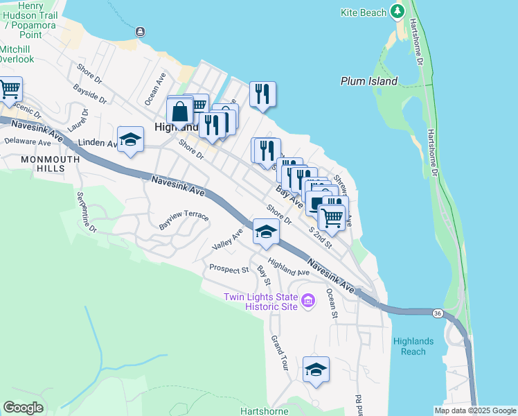 map of restaurants, bars, coffee shops, grocery stores, and more near 113 Shore Drive in Highlands