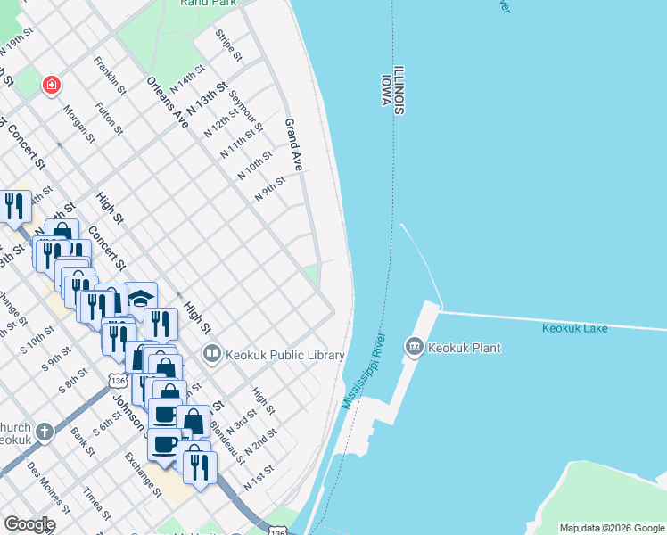 map of restaurants, bars, coffee shops, grocery stores, and more near 11 Park Place in Keokuk