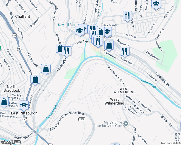 map of restaurants, bars, coffee shops, grocery stores, and more near 595 Falk Street in North Versailles