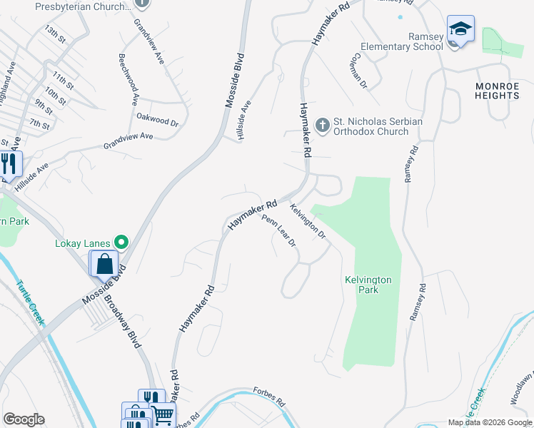 map of restaurants, bars, coffee shops, grocery stores, and more near 105 Penn Lear Drive in Monroeville