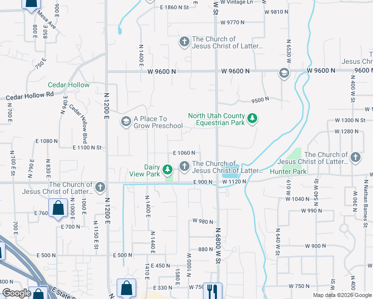 map of restaurants, bars, coffee shops, grocery stores, and more near 1635 East 1060 North in Lehi