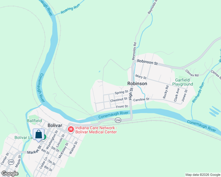 map of restaurants, bars, coffee shops, grocery stores, and more near 99 Spring Street in Blairsville