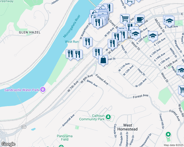 map of restaurants, bars, coffee shops, grocery stores, and more near 477 West 8th Avenue in West Homestead