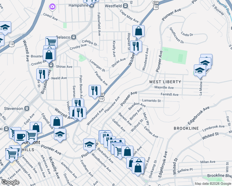map of restaurants, bars, coffee shops, grocery stores, and more near 2216 Woodward Avenue in Pittsburgh