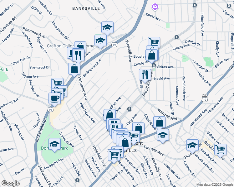 map of restaurants, bars, coffee shops, grocery stores, and more near 2707 Louisiana Avenue in Pittsburgh