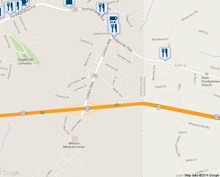 map of restaurants, bars, coffee shops, grocery stores, and more near 268 Miller Ave in Weirton