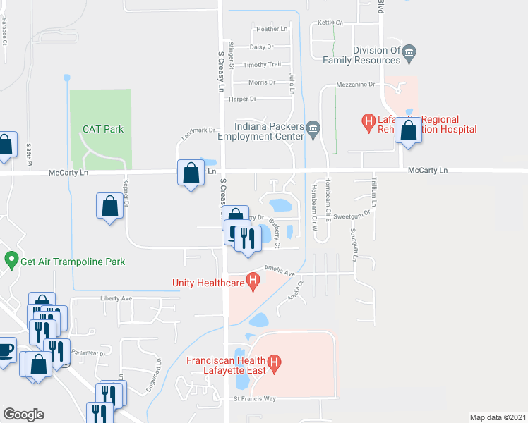 map of restaurants, bars, coffee shops, grocery stores, and more near 3804 Burberry Drive in Lafayette