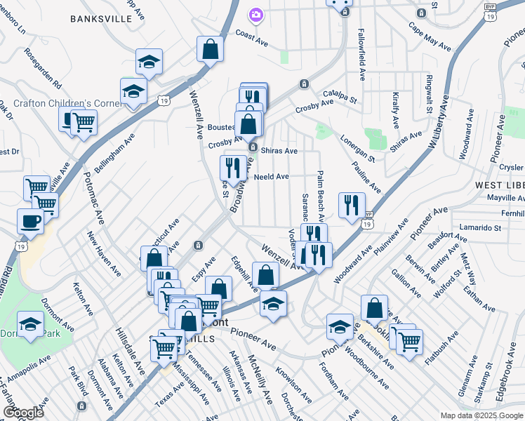 map of restaurants, bars, coffee shops, grocery stores, and more near 2355 Bensonia Avenue in Pittsburgh