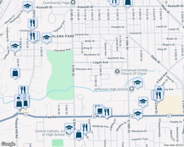 map of restaurants, bars, coffee shops, grocery stores, and more near 1617 South 12th Street in Lafayette