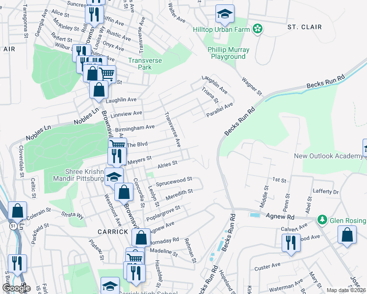 map of restaurants, bars, coffee shops, grocery stores, and more near 1521 Transverse Avenue in Pittsburgh