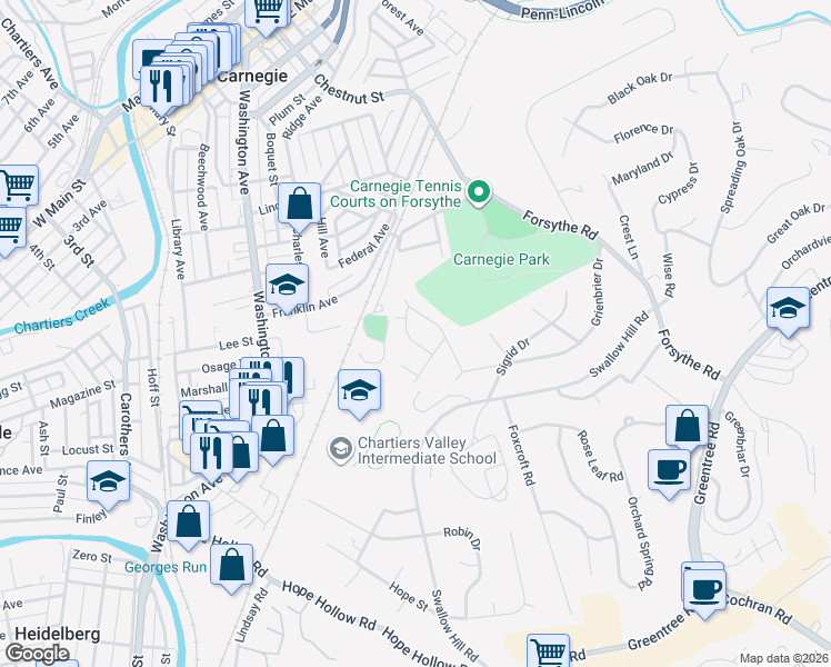 map of restaurants, bars, coffee shops, grocery stores, and more near 56 Carol Drive in Carnegie