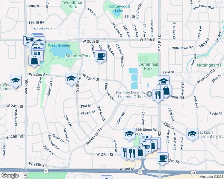 map of restaurants, bars, coffee shops, grocery stores, and more near 2224 Panorama Drive in Greeley