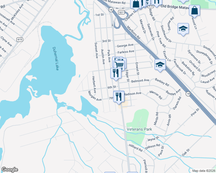 map of restaurants, bars, coffee shops, grocery stores, and more near 34 6th Street in Old Bridge