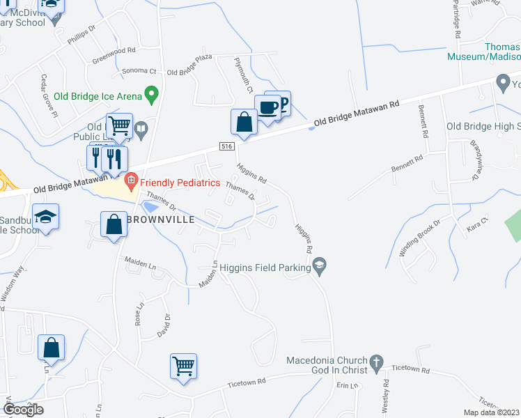 map of restaurants, bars, coffee shops, grocery stores, and more near 226 Chaucer Court in Old Bridge