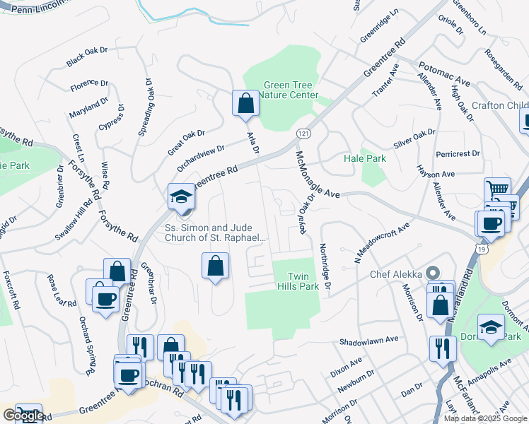 map of restaurants, bars, coffee shops, grocery stores, and more near 300 Chatham Park Drive in Pittsburgh