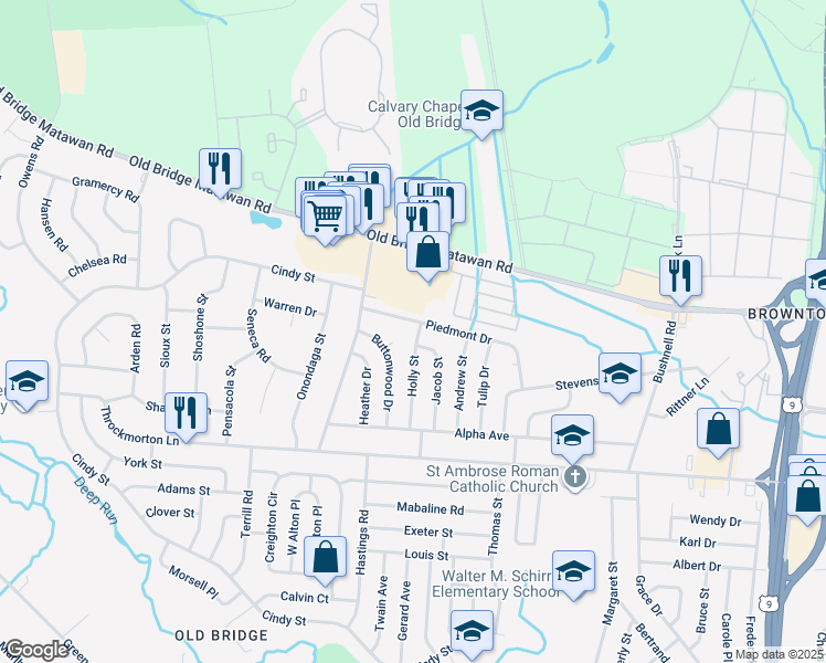 map of restaurants, bars, coffee shops, grocery stores, and more near 3 Holly Street in Old Bridge