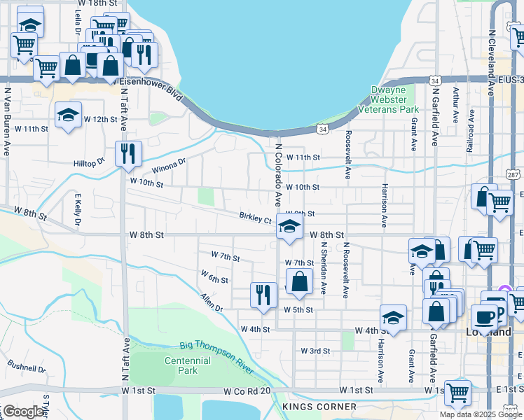 map of restaurants, bars, coffee shops, grocery stores, and more near 7 Birkley Court in Loveland
