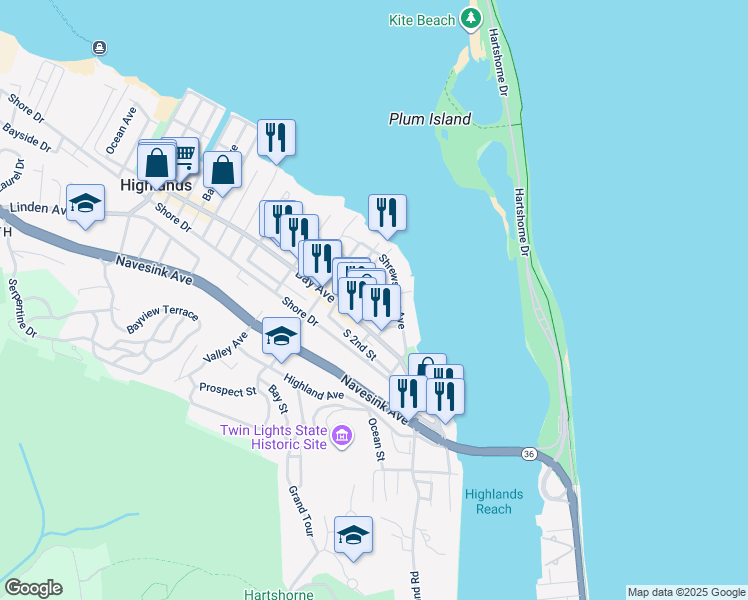 map of restaurants, bars, coffee shops, grocery stores, and more near 30 Jackson Street in Highlands