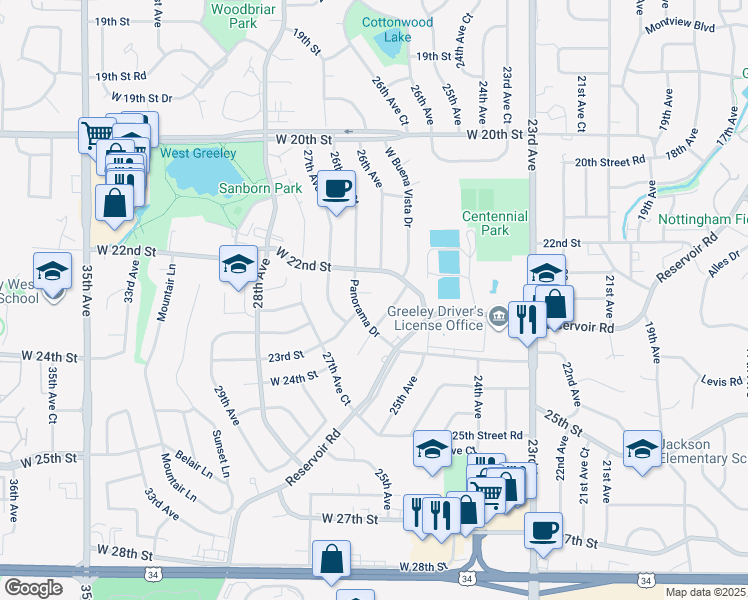 map of restaurants, bars, coffee shops, grocery stores, and more near 2224 Panorama Drive in Greeley