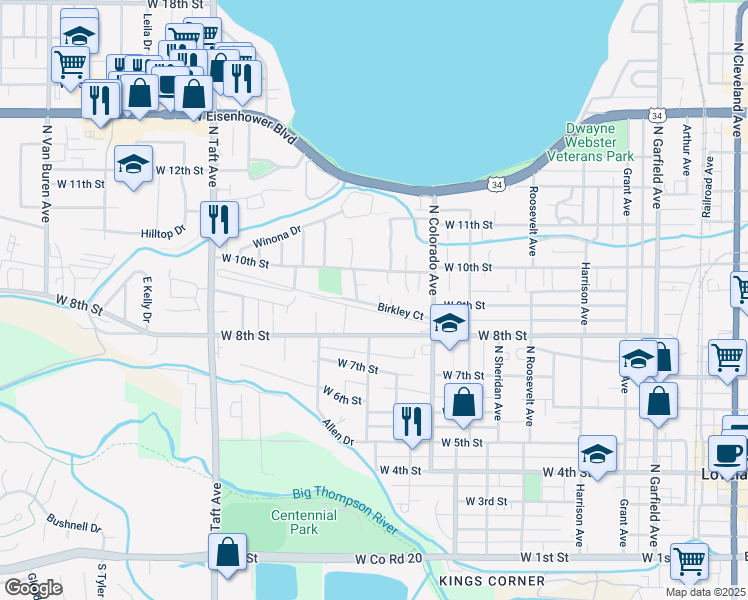 map of restaurants, bars, coffee shops, grocery stores, and more near 915 Cortez Court in Loveland