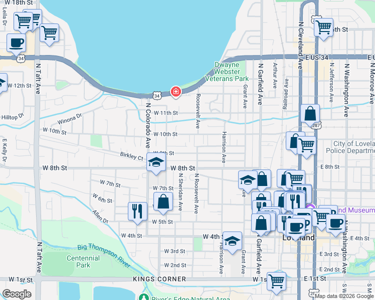 map of restaurants, bars, coffee shops, grocery stores, and more near 525 West 9th Street in Loveland