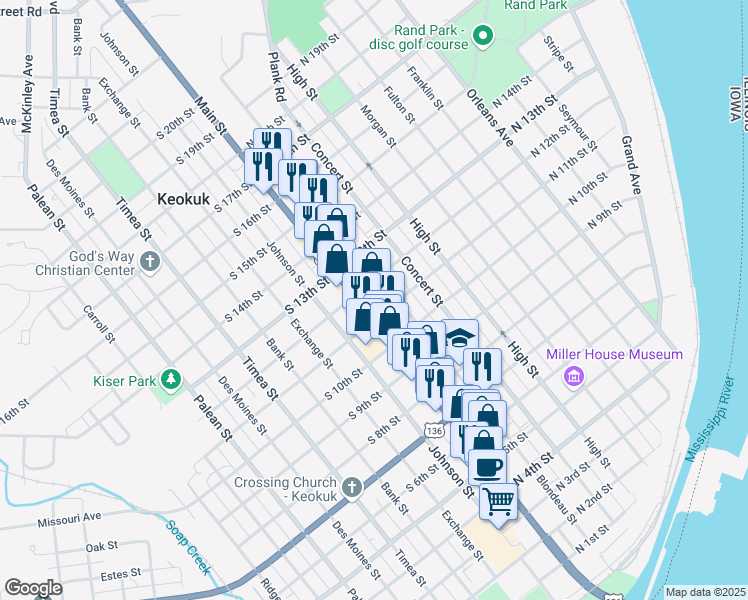 map of restaurants, bars, coffee shops, grocery stores, and more near 17-99 N 11th St in Keokuk