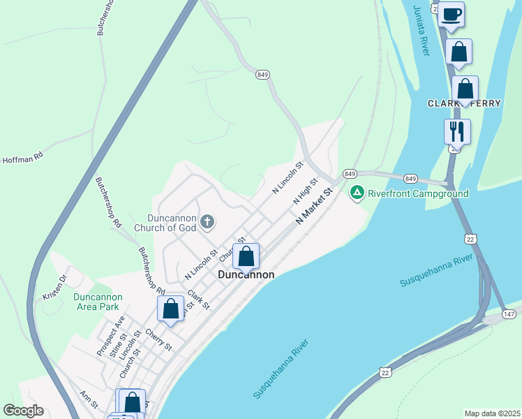 map of restaurants, bars, coffee shops, grocery stores, and more near 1000 North Lincoln Street in Duncannon