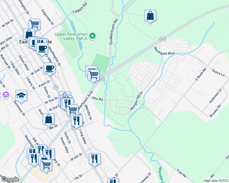 map of restaurants, bars, coffee shops, grocery stores, and more near 2053 Morgan Hill Drive in Pennsburg