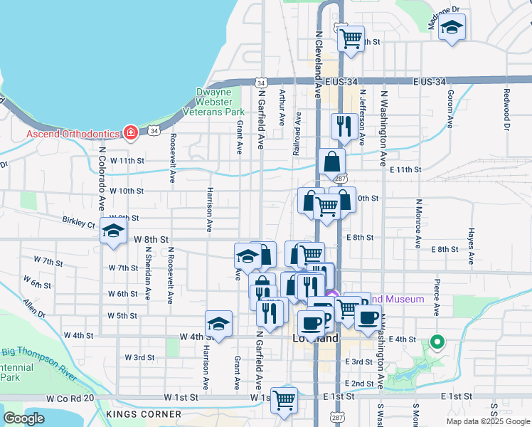 map of restaurants, bars, coffee shops, grocery stores, and more near 900 North Garfield Avenue in Loveland