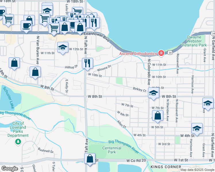 map of restaurants, bars, coffee shops, grocery stores, and more near 1117 Gard Place in Loveland