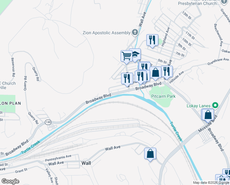 map of restaurants, bars, coffee shops, grocery stores, and more near 300 Pennsylvania 130 in Monroeville