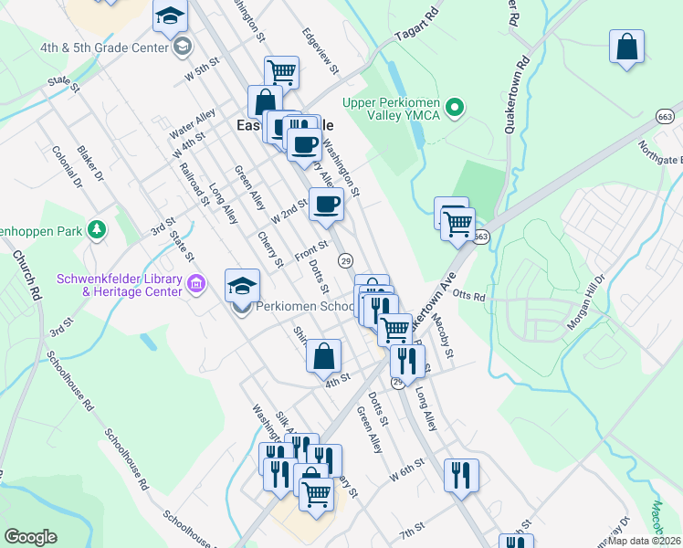 map of restaurants, bars, coffee shops, grocery stores, and more near 145 Main Street in Pennsburg