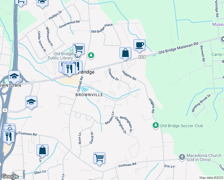 map of restaurants, bars, coffee shops, grocery stores, and more near 104 Wilshire Court in Old Bridge