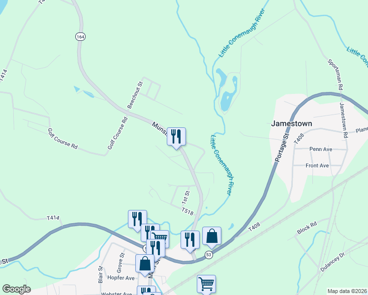 map of restaurants, bars, coffee shops, grocery stores, and more near 299 Munster Road in Portage