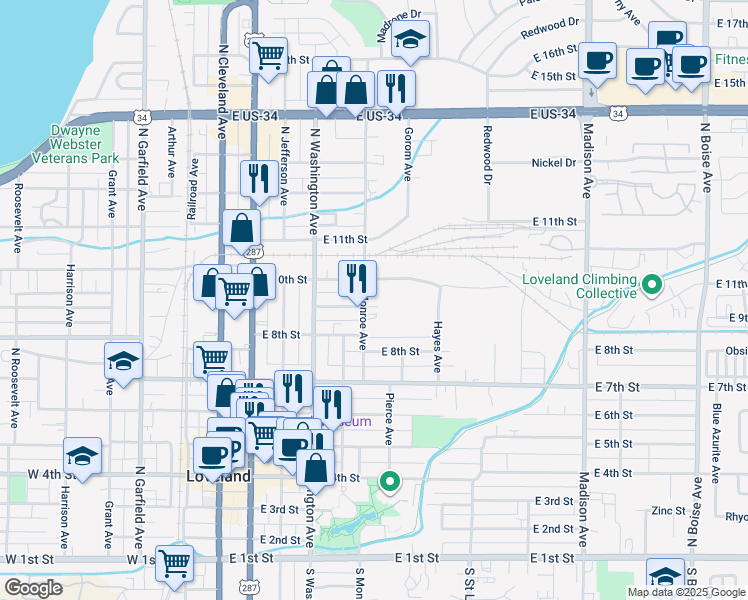 map of restaurants, bars, coffee shops, grocery stores, and more near 850 Monroe Avenue in Loveland