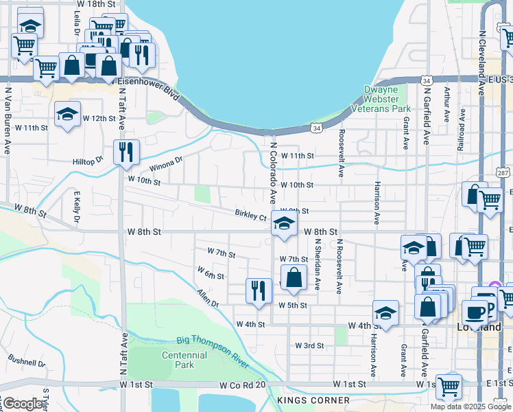 map of restaurants, bars, coffee shops, grocery stores, and more near 7 Birkley Court in Loveland