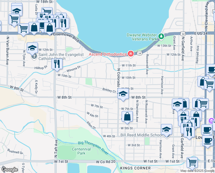 map of restaurants, bars, coffee shops, grocery stores, and more near 7 Birkley Court in Loveland