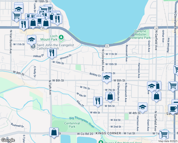 map of restaurants, bars, coffee shops, grocery stores, and more near 915 Cortez Court in Loveland