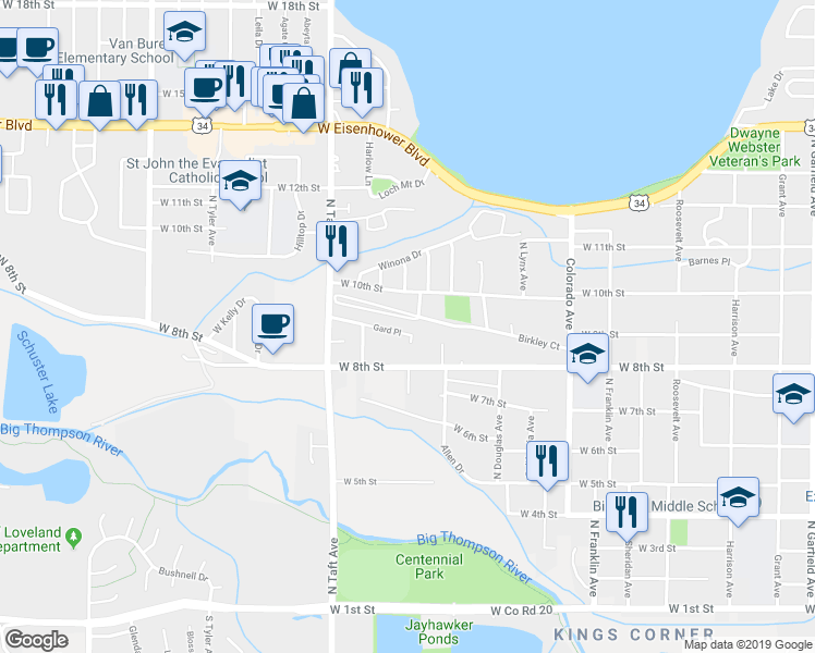 map of restaurants, bars, coffee shops, grocery stores, and more near 1126 Gard Place in Loveland