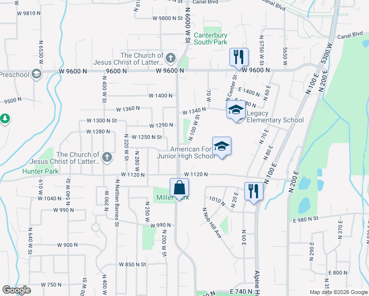 map of restaurants, bars, coffee shops, grocery stores, and more near 1212 North 150 West in American Fork