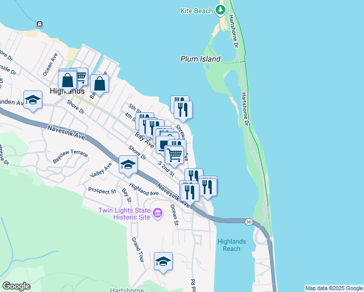 map of restaurants, bars, coffee shops, grocery stores, and more near 36 Shrewsbury Avenue in Highlands