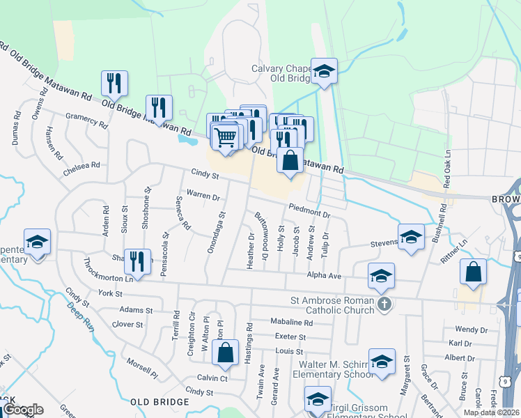 map of restaurants, bars, coffee shops, grocery stores, and more near 3 Buttonwood Drive in Old Bridge