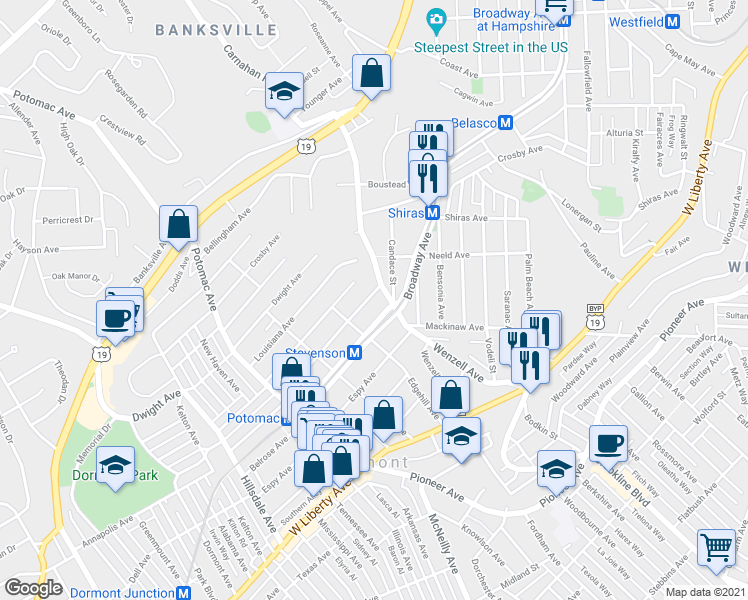 map of restaurants, bars, coffee shops, grocery stores, and more near 2606 Broadway Avenue in Pittsburgh
