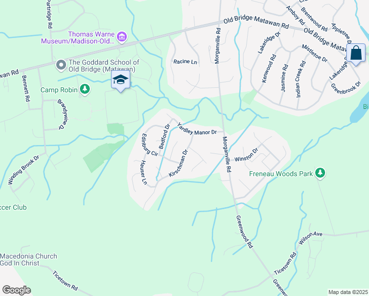 map of restaurants, bars, coffee shops, grocery stores, and more near 12 Kirschman Drive in Matawan