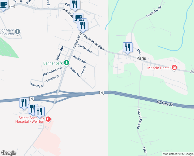 map of restaurants, bars, coffee shops, grocery stores, and more near 321 Ritchie Ave in Weirton
