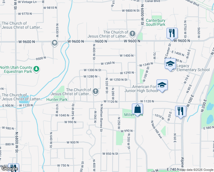 map of restaurants, bars, coffee shops, grocery stores, and more near 319 West 1220 North Street in American Fork
