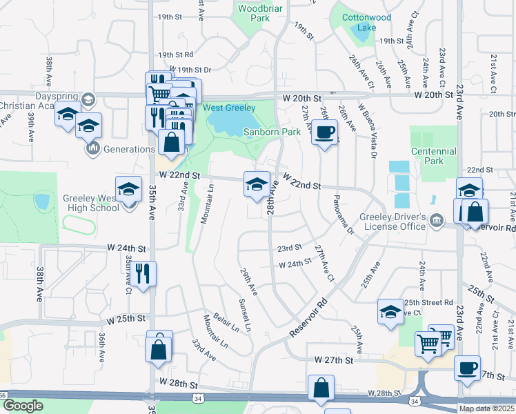 map of restaurants, bars, coffee shops, grocery stores, and more near 2221 28th Avenue in Greeley
