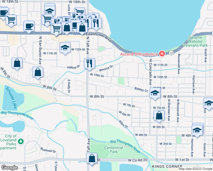 map of restaurants, bars, coffee shops, grocery stores, and more near 1125 Gard Place in Loveland