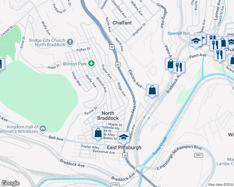 map of restaurants, bars, coffee shops, grocery stores, and more near 1637 Grandview Avenue in Braddock