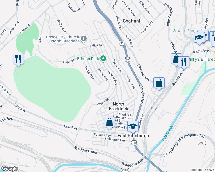 map of restaurants, bars, coffee shops, grocery stores, and more near 1754 Wolfe Avenue in Braddock